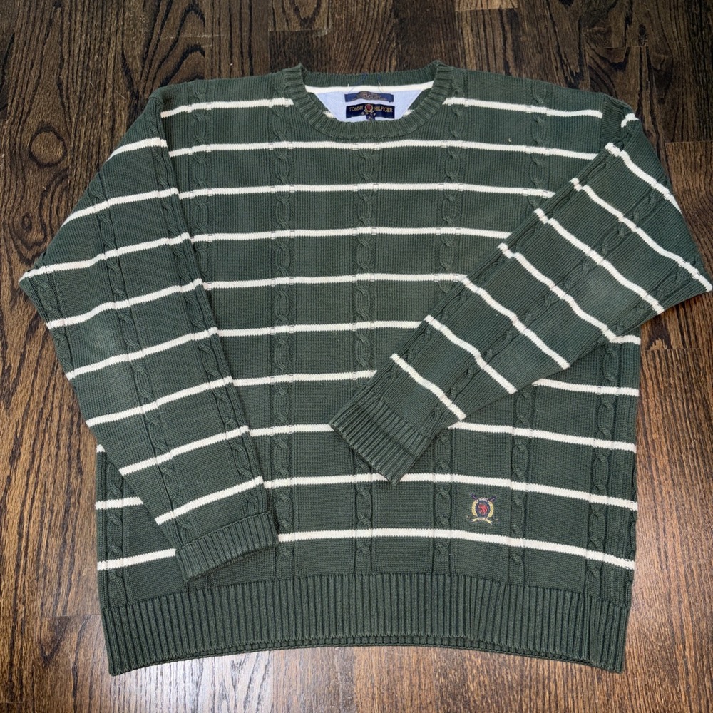Vintage Tommy Hilfiger Golf Sweater Mens XL White Striped Cable Knit Old Money